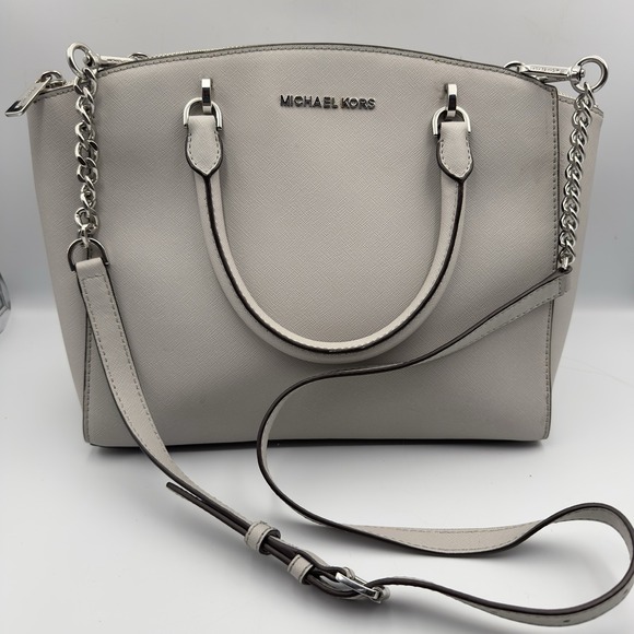 Michael Kors Ellis Large Leather Satchel Purse‎ Pearl Grey